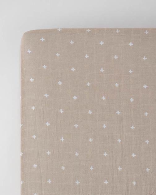 Cotton Muslin Crib Sheet - Taupe Cross
