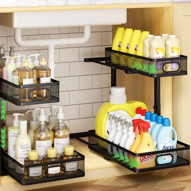 AURIKAR Under Sink Organizer 2-Pack, Metal 2-Tier Pull-Out Cabinet Shelf with Slide-Out Mesh Drawers, Height Adjustable, Space-Saving Under Sink Storage Racks for Kitchen, Bathroom, Laundry Room