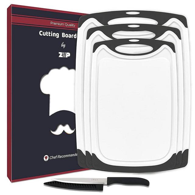 ZVP Extra Large Cutting Board for Kitchen Set of 4, Plastic Chopping Boards with Knife, Easy Grip Handle, Juice Groove, BPA Free, Dishwasher Safe, Non Slip, Non Porous, White Black