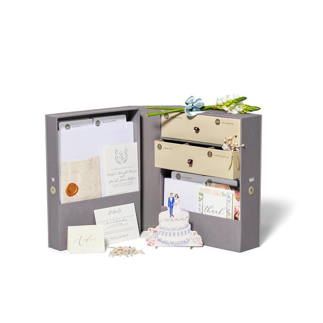 Savor Wedding Gifts Keepsake Box - Ideal Wedding Gifts for Newlyweds - Memory Storage with 52 Hand-Illustrated Labels & 10 File Folders - Elegant & Durable Design, Slate, Laura