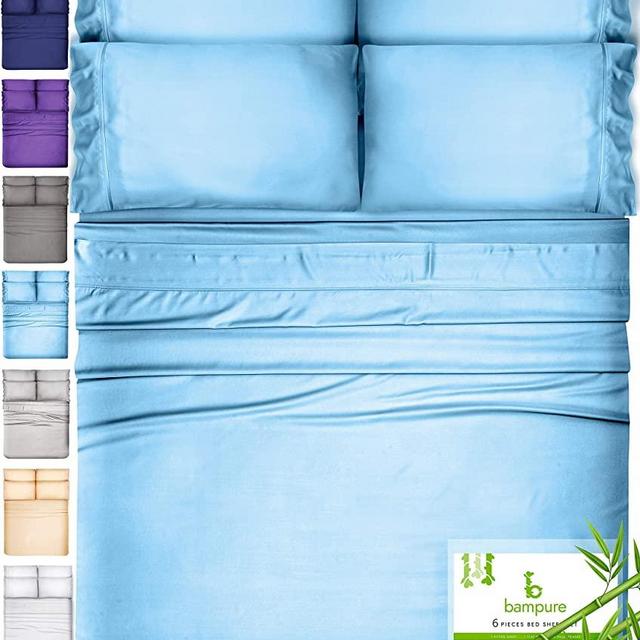 6 Piece Bamboo Sheets Queen Bamboo Sheets - 100% Organic Bamboo Bed Sheets Queen Sheet Set Cooling Sheets Queen Size Sheets Deep Pocket Queen Sheets Queen Bed Sheets Queen Size Cool Sheets Light Blue