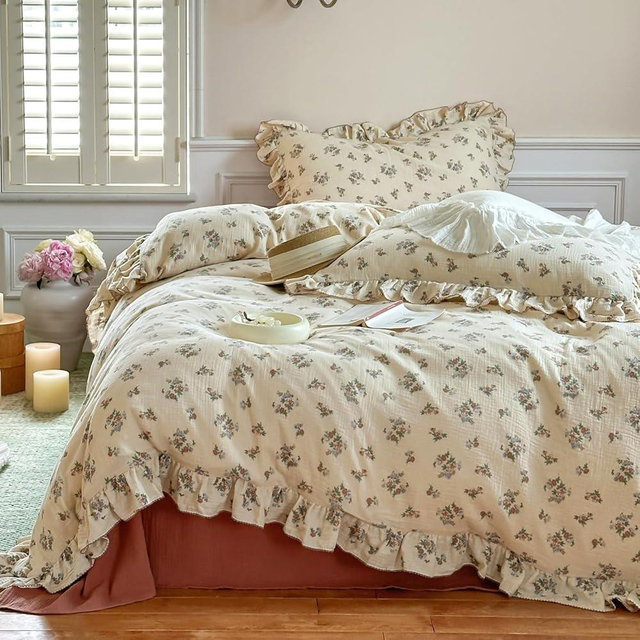 VM VOUGEMARKET Cotton Muslin Duvet Cover Queen Shabby Chic Floral Bedding Set with Ruffles,Soft, Breathable Linen Like Gauze Comforter Cover with Zipper Closure