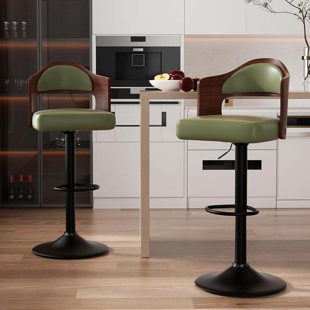 Nalupatio Swivel Bar Stools Set of 2 Seat Adjustable Height 24.5-33.5IN, Wooden Barstools PU Leather Upholstered Bar Chairs with Back & Footrest for Bar Kitchen Dining Room