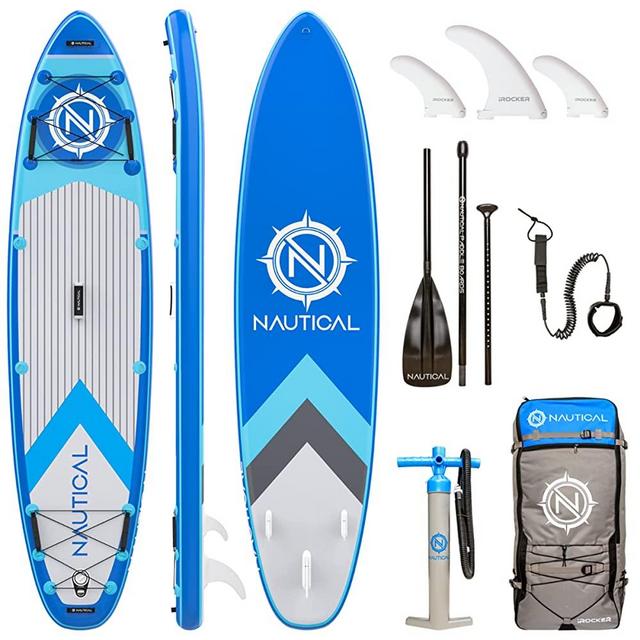 iROCKER Nautical Inflatable Stand Up Paddle Board, Superb Maneuverability 10' Long 32" Wide 6" SUP with Premium Bag, Adjustable Paddle, Pump, Leash, Fins & Repair Kit