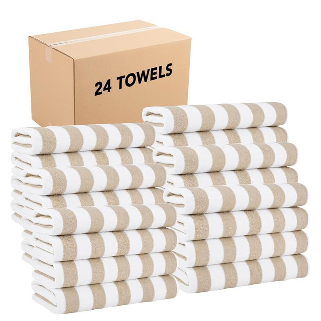 Arkwright California Cabana Stripe Beach Towel Bulk - Case of 24 - Large Soft Quick Dry Cotton Terry Towels Set for Pool, Swim, and Hot Tub, Oversized 30 x 70 in, Beige