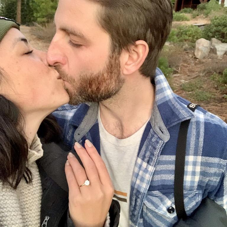 Engagement selfie! John wanted to propose at a lookout bench in Tahoe where we often watch the sunset. No one is EVER there... that evening, 3 locals were chillin' on the bench. I still said yes.