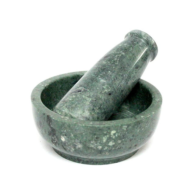 KLEO 4" Diameter Natural Stone Mortar and Pestle Set as Spice Grinder, Medicine Masher - Okhli And Musal (Green Shallow)
