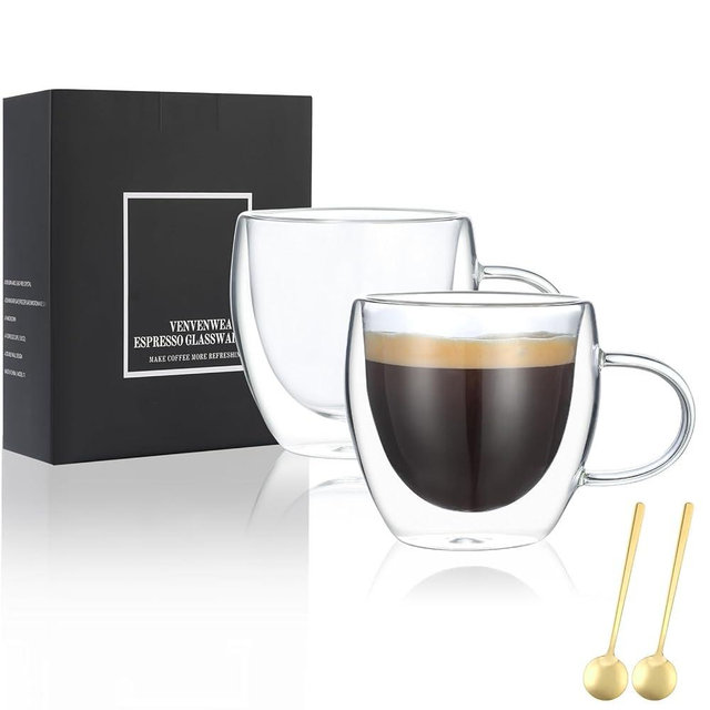 VENVENWEAVS Espresso Cups Set Of 2,Double Wall 5OZ Hand Blown Espresso Shots Glass,Espresso Coffee Mugs In Gift Box,Perfect For Espresso,Latte, Cappuccinos, Tea Bag, Juice