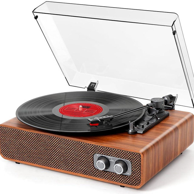Vinyl Record Player Vintage 3 Speed Turntable Bluetooth with Upgraded Speakers, Adjustable Counterweight, Vinyl LP Player with Enhanced Sound, Aux-in & RCA Output,Light Wood