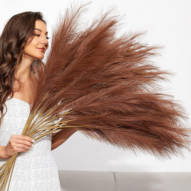FOTEEWL 8 PCS Faux Pampas Grass Decor 38"/3.1FT Tall Fake Pompas Floral Large Artificial Pompous Grass Branches Plants for Floor Vase Filler Home Boho Decoration (Dark Brown)