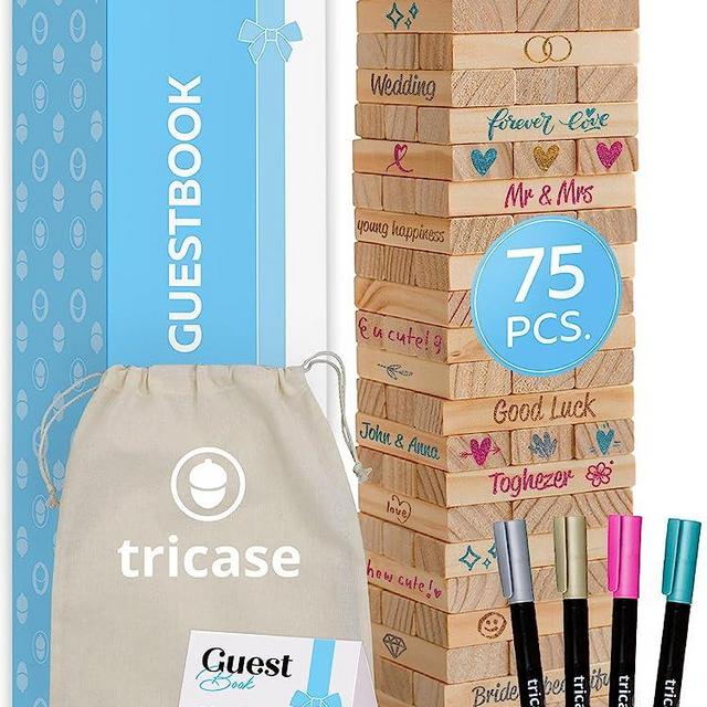 tricase Wedding Guest Book Alternative - 75 pcs Wooden Block Guest Book for Wedding Sign in - Wedding Decorations for Reception - Unique Wedding Book with 4 Color Signing Pens & Storage Bag