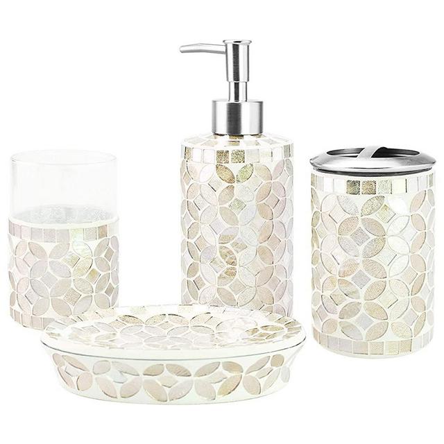 4-Piece Housewares Glass Mosaic Bathroom Accessories Set, Durable Bath Organizer Includes Soap Dispenser Pump, Toothbrush Holder, Tumbler, Soap Dish Sanitary, High Class Home Decor Gift (Gold)