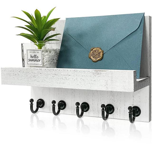 HONJIN Key Holder for Wall: Easy Installation Mail Organizer Wall Mount Farmhouse Hanging Key Rack for Kitchen and Entryway Decor with 5 Sturdy Key Hooks, White