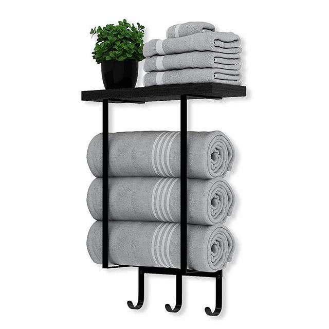 ZUJJAFY Towel Racks for Bathroom Wall Mounted Towel Rack with Wooden Shelf & 3 Hooks, Towel Holder for Small Bathroom Wall Decor, Bath Towel Storage for Rolled Towels Organizer, Black