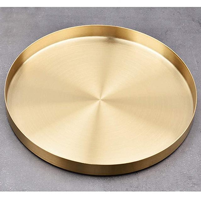 Gold Round Storage Trays, Stainless Steel Metal Presentation Plates, Decorative Storage Organizer Serving Tray for Jewelry/Cosmetic/Kitchen Tableware, Simple Round Storage Dish