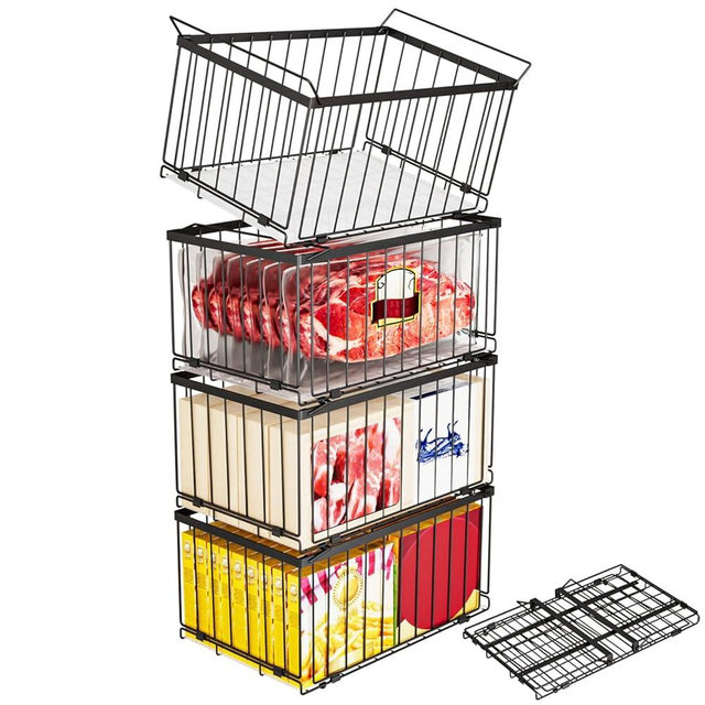ANJUBAN Large Freezer Organizer Bins, Upgrade One-Touch Open/Close, for 5-9 Cu.Ft Deep Freezer, 4 Pack Stackable Deep Freezer Organizer Bins, Black Wire Foldable Baskets (Black 4 Pack)