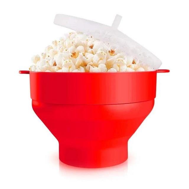 Premium Popcorn Maker Silicone Microwave Popcorn Popper, Collapsible Bowl Design for Easy Storage, BPA Free Microwave Popcorn Popper with Lid - No Oil Required, Healthy & Eco-Friendly (Red)