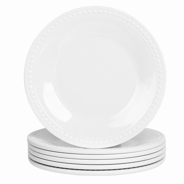 Melamine Beaded Dinner Plate Set of 6, 11inch, Basic White, BPA Free, Platter, Serving Dishes, Chip & Break Resistant, Lightweight, Melamine Dishes Set for Valentine's Day, Weddings & Everyday Meals