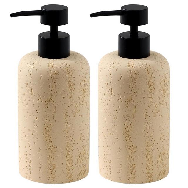 Haocoott Soap Dispensers 340ML 11OZ, 2PCS Luxurious Hand Dish Shampoo Lotion Soap Dispenser Jar, Travertine Soap Pump Bottles for Kitchen Bathroom Countertop (Faint Yellow)
