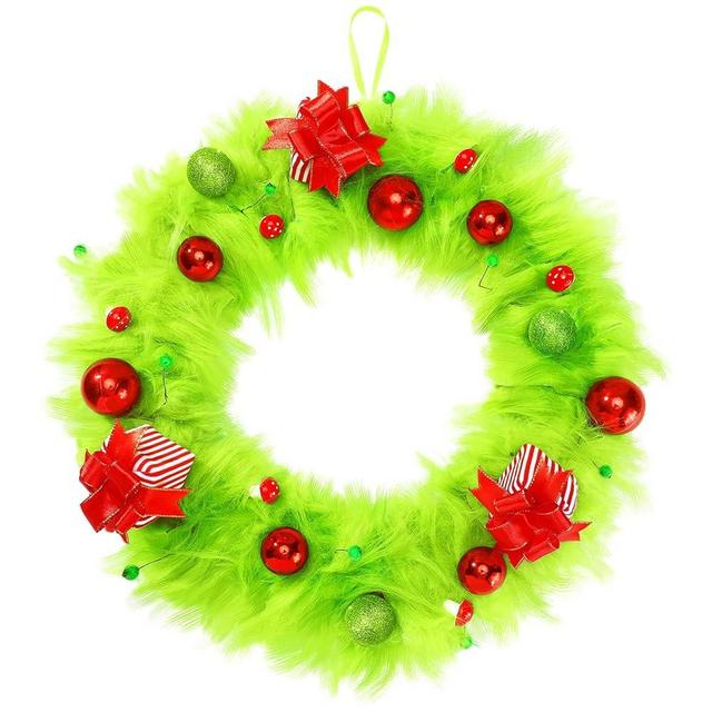 Lyrow Christmas Wreath Green Elf Wreath 20 Inch Lime Green Plush Xmas Door Wreath Elf Wreath Winter Wreath with Mini Christmas Balls, Gift Boxes for Front Door Wall Window Fireplace Door Tree Decor