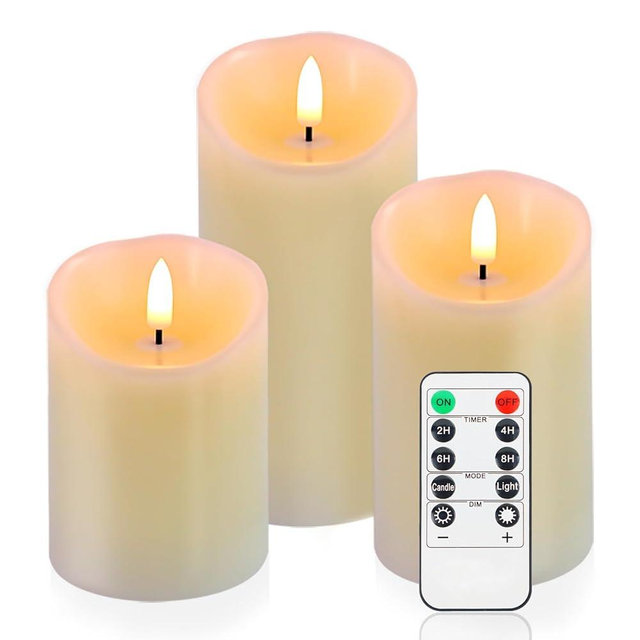 Warmhere Flameless Candles Battery Operated with Remote Timer, 3D Flame Flickering, Last 500+ Hours Battery Candles, Ivory Real Wax LED Pillar Candle for Wedding Home Christmas Decorations, Set of 3