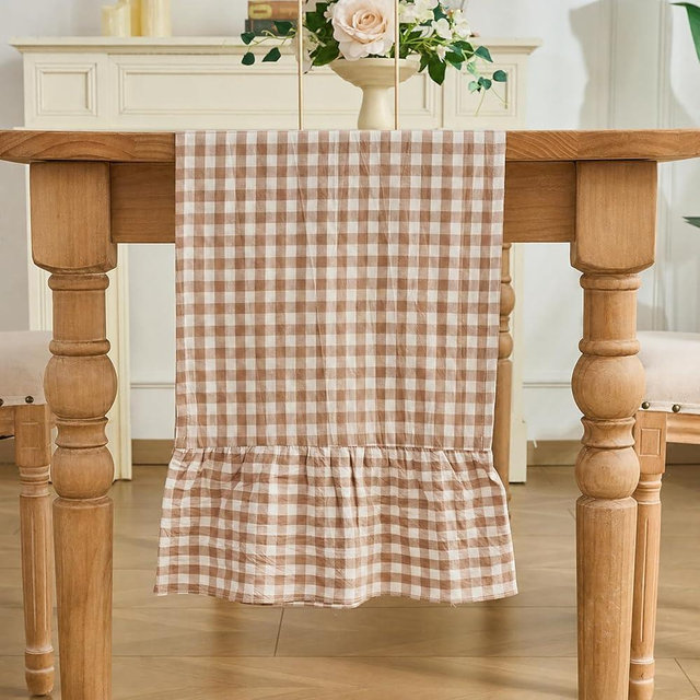 Kisswish Taupe Gingham Plaid Ruffle Table Runner 90 Inches Long, 100% Washed Cotton Double Layer Farmhouse Dining Decor for Holiday, Home Party Wedding, 13 x 90 inches