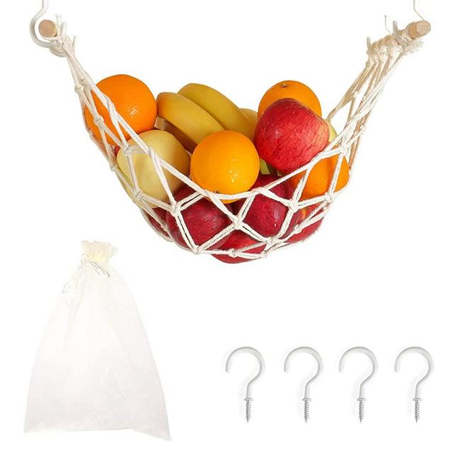 Evbopa Hanging Fruit Hammock for Kitchen Under Cabinet Macrame Fruit Basket for Bananas Fruit Storage with Hooks for Kitchen Décor