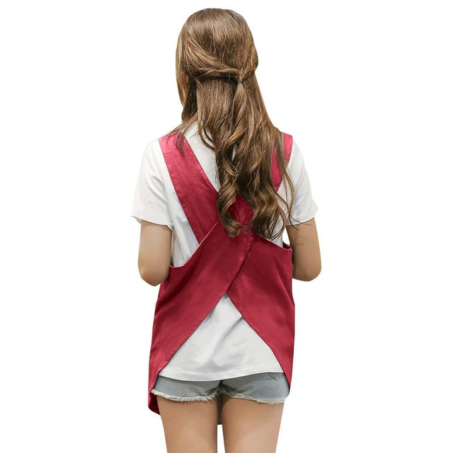 Shortened Design Apron, Japanese Style Soft Cotton Linen Apron with Two Side Pockets, X Cross Halter Apron, Kitchen Cooking Clothes G/i/ft for Women DIY Project, Crafting, Cooking, Baking(Wine Red)