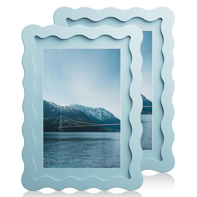 Chrspk 5x7 Wavy Picture Frame With Mat For 4x6, Wavy Edge Wooden Picture Frame with Real Glass - Wall Mount and Tabletop Display, Blue, 2 Pack