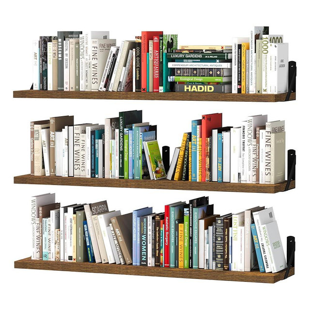upsimples Floating Book Shelves for Wall, 35.4 Inches Long Floating Wood Shelves for Living Room, Library, Bedroom, Office Organizer and Storage, Brown