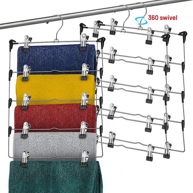 5-Tier Skirt Hangers with Clips Pant Hangers Space Saving Multiple Hangers in one Clothes Hangers with Clips Multiple Pants Hangers for Closet Bottom Hangers Metal Pants Hangers with Clips Pack of 3