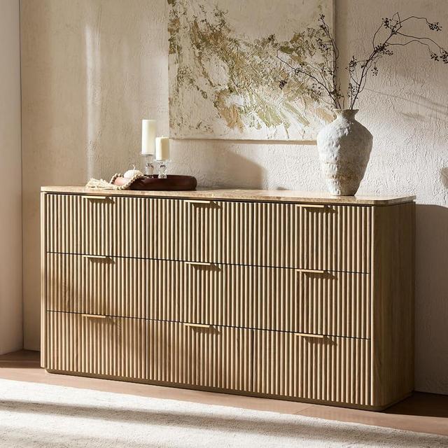 Fluted 9 Drawer Dresser for Bedroom, 63" Wide Modern Chest of Drawers with Faux Marble Top, Curved Profile Design, Wooden Dresser TV Stand with Organizer Storage for Living Room (Natural Oak, 63" W)