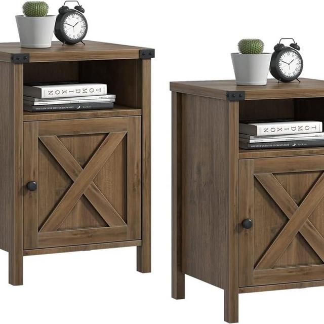 Catrimown Farmhouse Night Stand Set of 2, Wooden End Table with X Barn Door and Open Shelf, Bedside Table Set of 2, Industrial Side Table for Bedroom, Living Room, Office, Oak(Oak, 2)