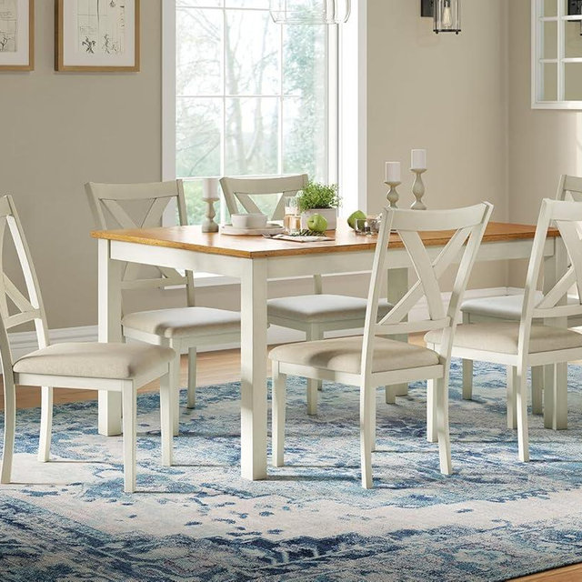 AMERLIFE 7-Piece Farmhouse Solid Wood Dining Table Set with 6 Upholstered Chairs, 60" Space Saving Dinner Table & Chairs Set, for Dining Room, Kitchen, Restaurant, Brown & White
