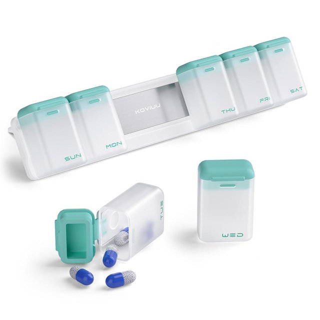 KOVIUU Weekly Pill Organizer Magnetic, Removable Pill Box 7 Day 1 Time a Day, Large Pill Case Travel, Week Once Daily Medication Dispenser, Medicine Container Holder for Supplement Vitamin, Cyan