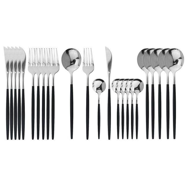 JASHII Flatware Serving Set 24 Piece, Stainless Steel Silverware Set, Titanium Black Silver Cutlery Set, Modern Elegant Tableware Set for Party, Christmas, Dinner (Black Silver)