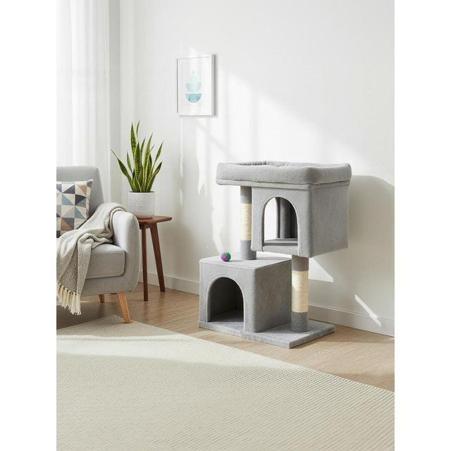 LEDREM Cat Tree, Cat Tower, with Large Cat Perch, 2 Cat Caves, Scratching Post, Light Gray