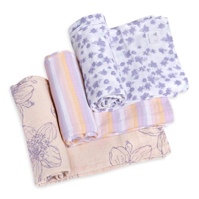 Burt's Bee's Baby- Swaddles, Muslin Cotton Baby Blankets, 3-Pack, Multipurpose Lightweight Breathable 100% Organic Cotton (Blackberry Flower)