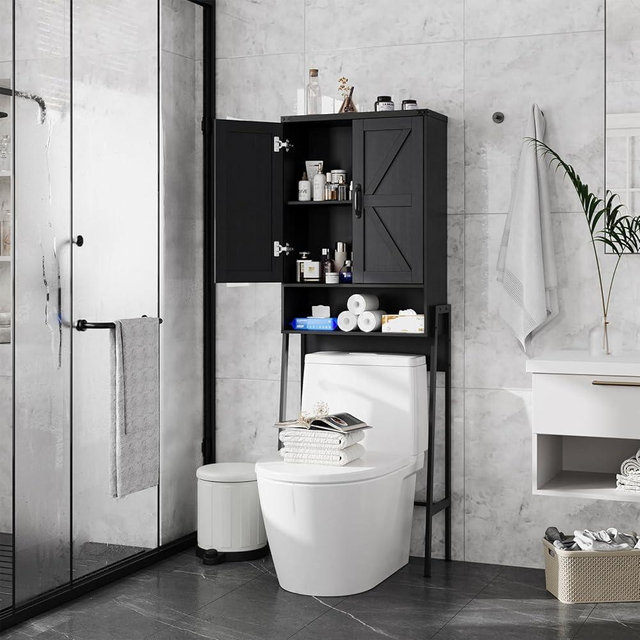 Over Toilet Storage with 2-Door Design Over The Toilet Storage Cabinet with Shelves Bathroom Organizers and Storage with Anti-Tip Device Over Toilet Organizer for Bathroom,Restroom,Laundry Black
