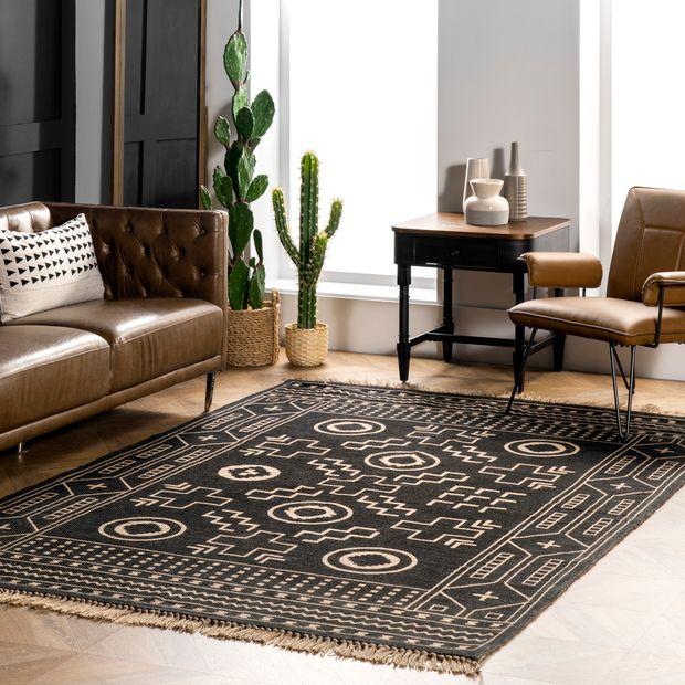 Black Jute Ethnic Tasseled Area Rug