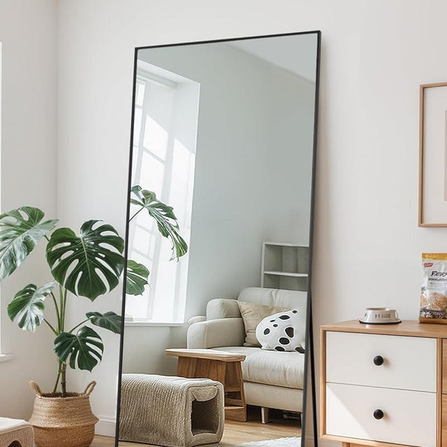 LadyNow Full Length Mirror, 71"x28" Oversized Floor Mirror Freestanding, Full Body Mirror Floor Standing Mirrors with Stand, Hanging Mounted Mirrors for Bedroom Living Room, Black, Rect Style