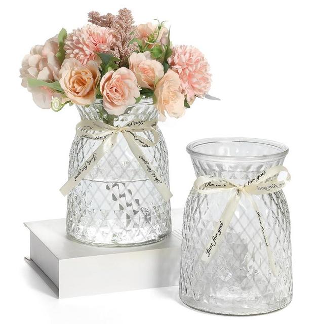 SOJOCK 2PACK Glass Flower Vases(Flowers NOT Included),6.3" High Diamond Pattern Vases,Large Vases for Flowers,Vintage Vases for Centrepieces,Wedding Decorations,Home Table Flower Decorations