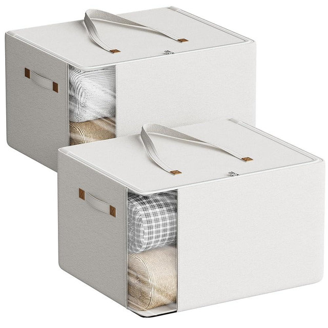 Heavy Duty Cotton Canvas Storage Bags For Comforter Blankets Clothes Extra Large Foldable Organizer with Clear Window & Reinforced Handles, Dustproof Design (White, 80L-2Pack)