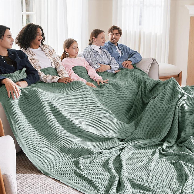 Bedsure 100% Cotton Large Blanket Oversized King for Bed - Waffle Weave Fall Blanket, Lightweight and Breathable Big Blanket, Sage Green, 120x94 inches