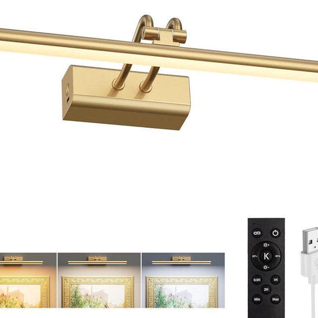 Battery Operated Picture Light for Wall, 4000mAh Cordless Wall Lamp for Painting Photo Artwork , Remote Control, Magnetic for Easy to Charge,Timers, 13.8'' Display for Gallery Living Room Bedroom Gold