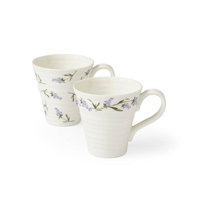Portmeirion Sophie Conran Lavandula Coffee Mugs, Set of 2 Porcelain Coffee Cup, Lavender Sprig Flower Design, Hot Drink, Tea Cup with Handle, Dishwasher and Microwave Safe (12-Ounce)