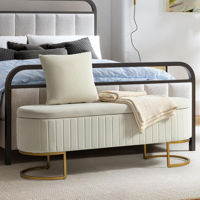EcoHarbor Living 50" Velvet Storage Ottoman Bedroom Bench,Upholstered End of Bed Bench with Gold Legs,Flipping Lid Entryway Footrest