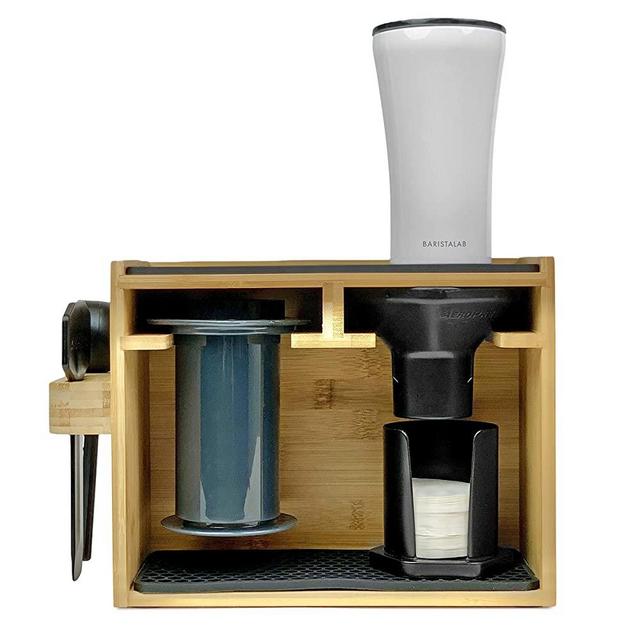 Barista Lab Stand for AeroPress® Bamboo Organizer for Wall, Counter or In-Cabinet Storage Holds Filters, Cups and Accessories With Precision Fit Silicone Dripper MatsAeropress Stand and Organizer for Wall, Counter or In-Cabinet Storage Holds Filters, Cups and Accessories With Precision Fit Silicone Dripper Mats