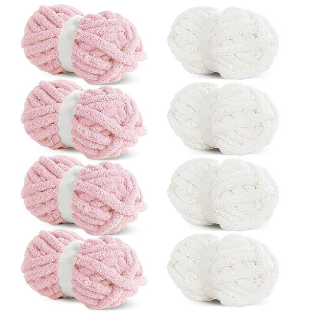 HOMBYS Chunky Chenille Yarn for Crocheting, Super Bulky Jumbo Yarn for Hand Knitting, 3/4" Thick Soft Plush Yarn for Blankets, 8 Skein Pack (27 yds / 8 oz Each), Multi Assorted Cream Pink