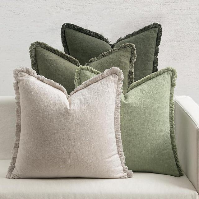 MIULEE Decorative Couch Pillow Covers Neutral Linen Fringe Throw Pillows Set of 4 Boho Farmhouse Summer Accent Cushions for Bed Sofa Living Room Spring Summer Home Decor 18x18 Inch Beige/Sage Green